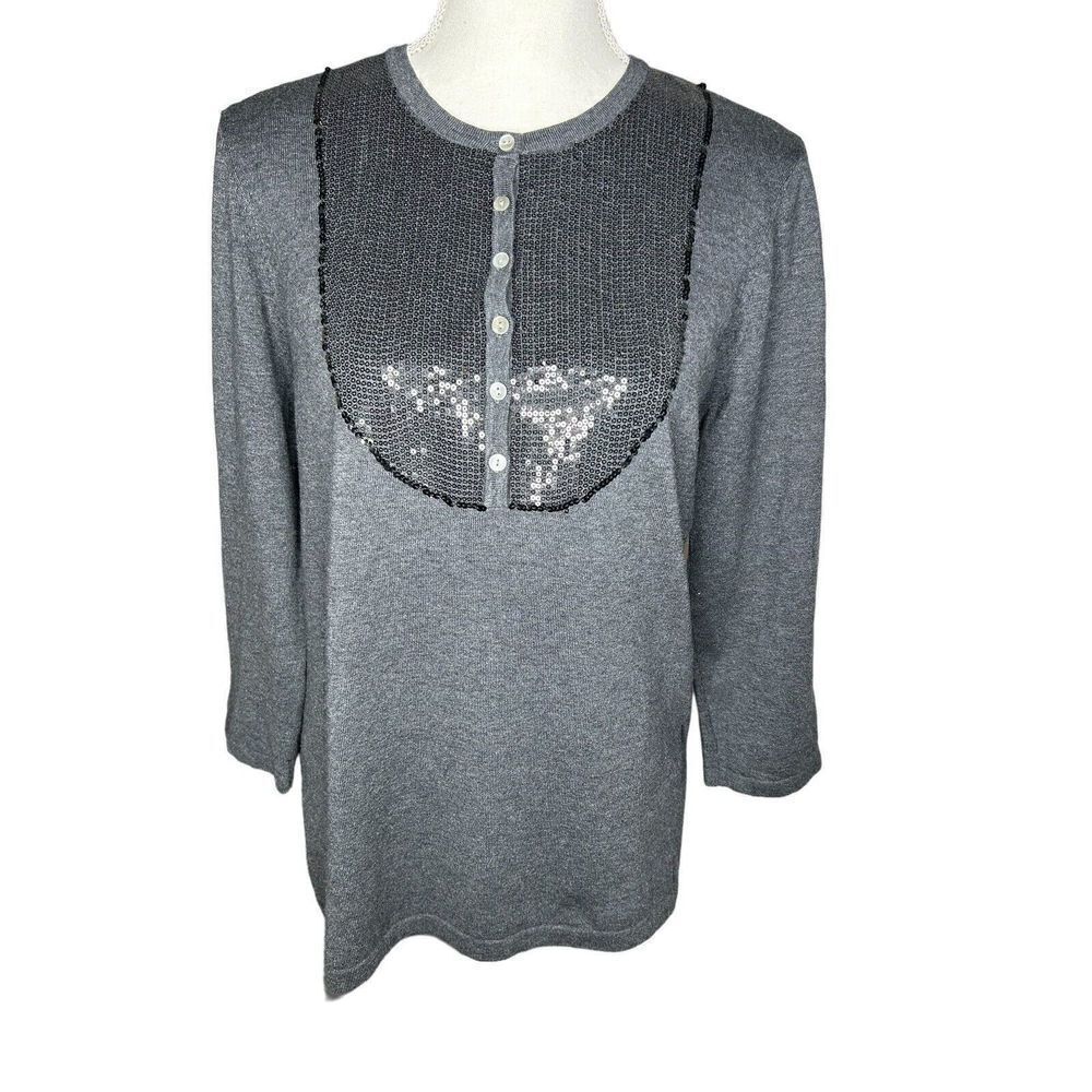 J. McLaughlin Sz L Charcoal Gray Black Sequin 3/4 Sleeve Henley Light Sweater